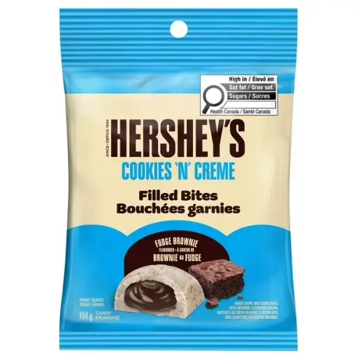 068000765596- HERSHEY'S Cookies 'N' CREME Bouchées remplies de brownies, bouchées de brownie au caramel 104g- caisse de 12 unités